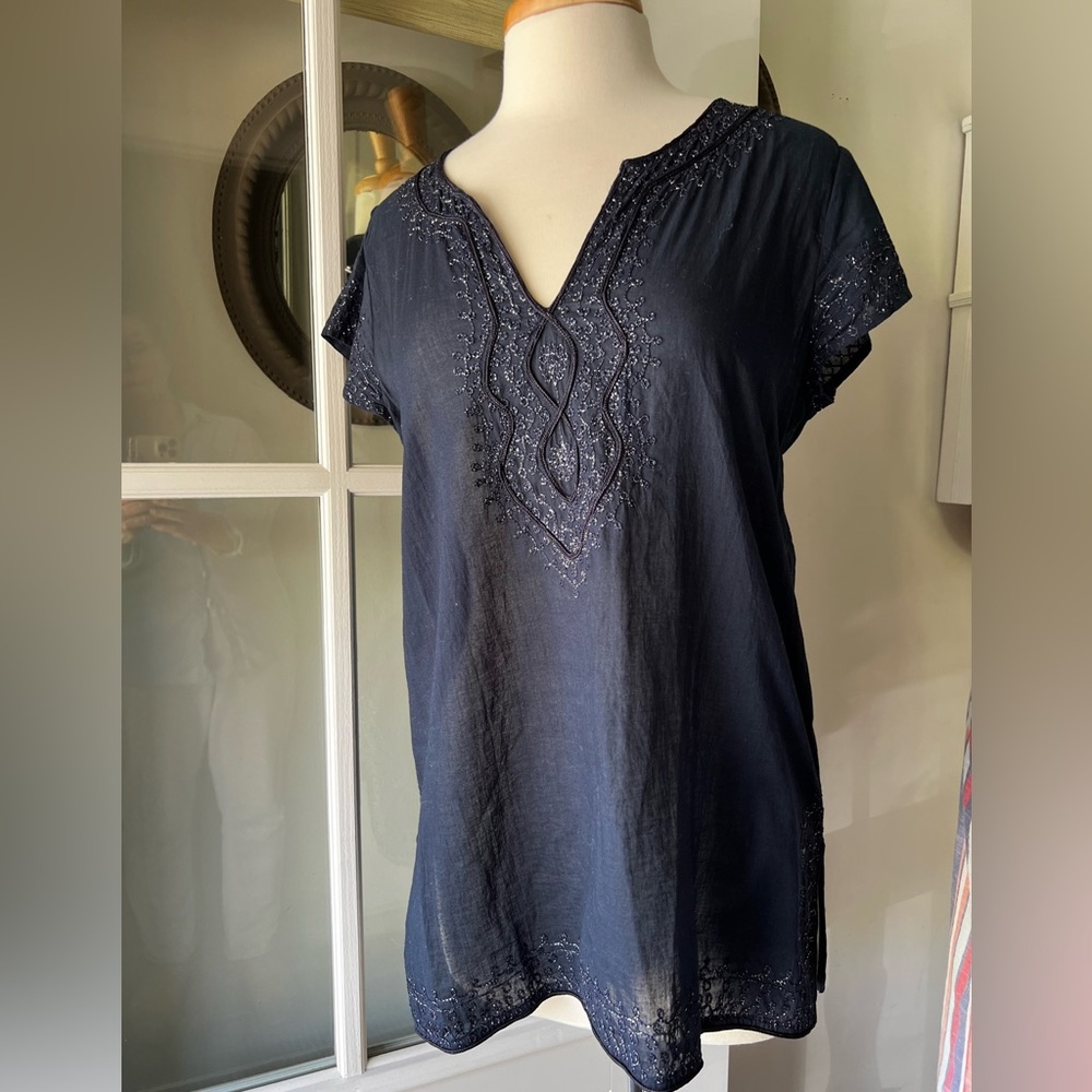 Calypso Embroidered Navy Tunic Top